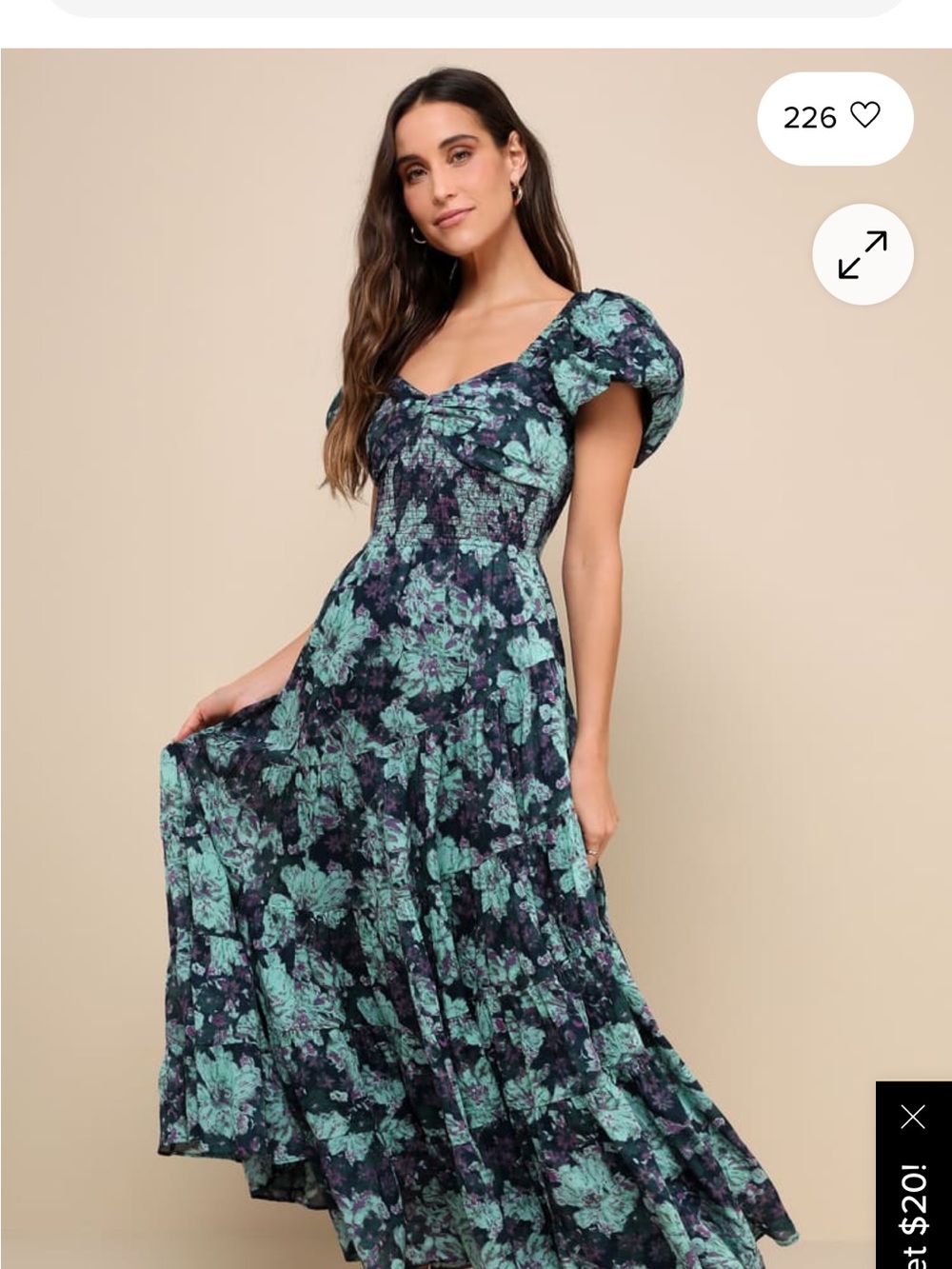 Free People Sundrenched Teal Multi Floral Puff Sleeve Tiered Maxi Dress